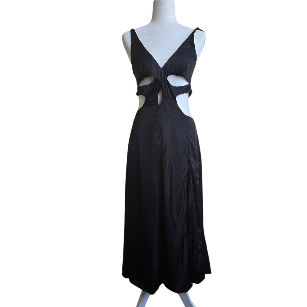 For Love And Lemons Medium Yori‎ Midi Slit Black Cross Back Crepe Cutout Dress